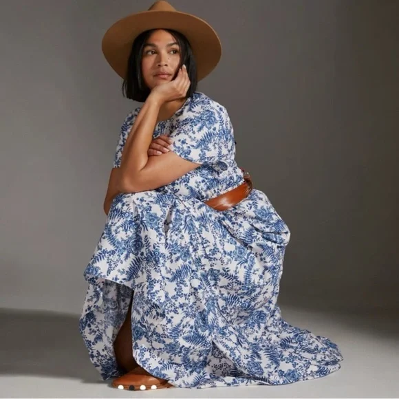 Anthropologie 1X somerset maxi dress toile French blue floral print cottagecore